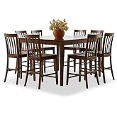 CARTESIAN 9-Piece Counter Height Dining Set, Walnut, Solid Wood Construction, Square Table with Extension Leaf, 8 Slat Back Stools, 54x54 Inch