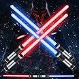 TOY Life Light Up Saber 4 Pack Telescopic Extendable and Collapsable Sword 2-in-1 LED Sound FX Light Up Sword for Kids Costumes Connects at Base to Become Double Bladed Saber Staff