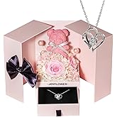 JoyFlower Preserved Flowers Bear with Necklace Gifts for Girlfriend, Unique Pearl Rose Bear Necklace Birthday Gifts for Mom, Eternal Roses Mother's Valentine's Day for Wife Grandma Her