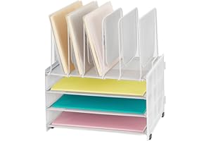 LEKETREE Desk Organizers and Accessories, 3-Tier Paper Organizer with 5 Vertical File Holders, File Organizer for Desk, Desk Accessories & Workspace Organizers (Pearl White, 3T)