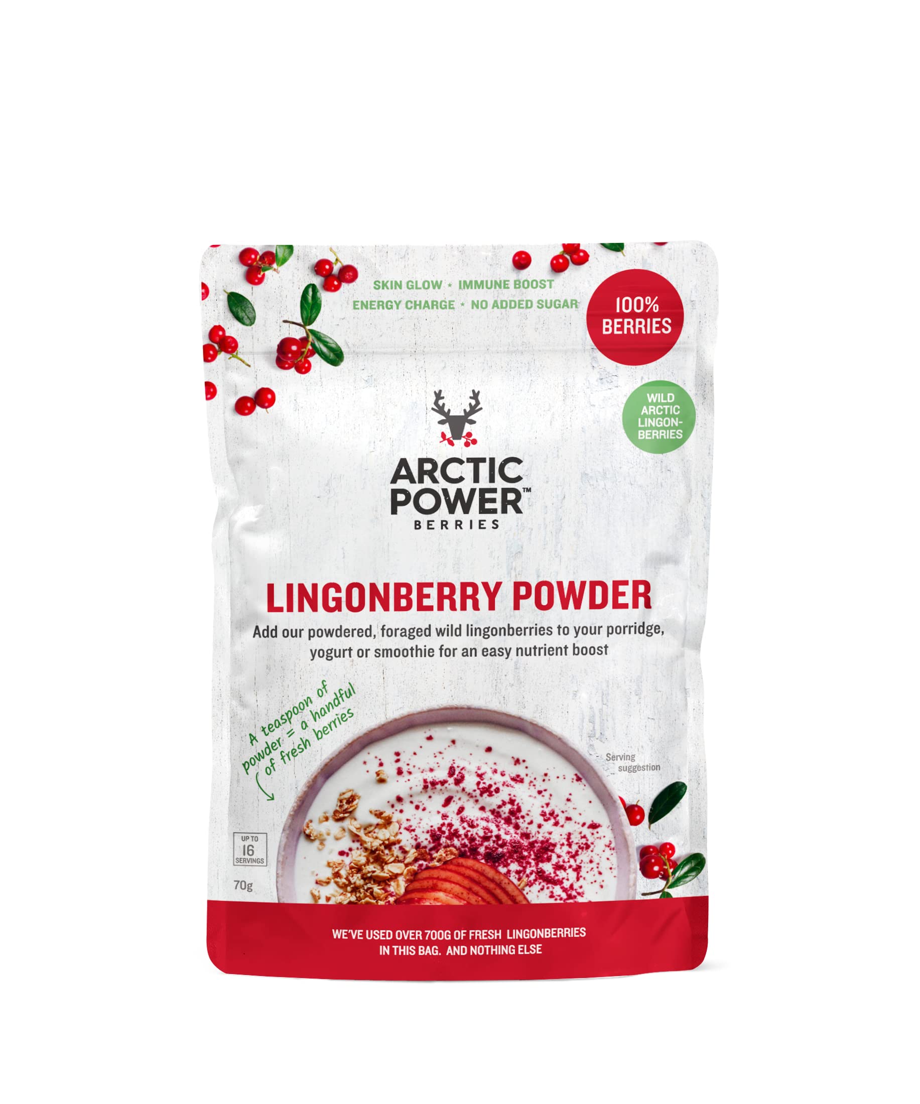 Arctic Power Berries 100% Lingonberry Powder 70g, Nutrient Rich Wild-Grown Berries from Nordic Forests, Natural, Delicious Nutrient Boost for Breakfast Bowls, Smoothies, Yogurt, Baking - Vegan