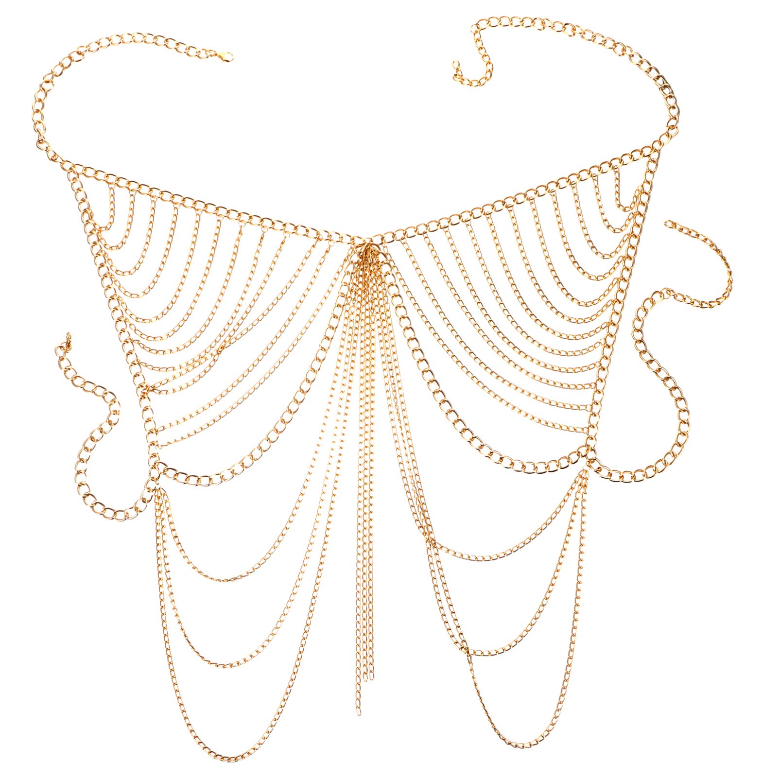 Golden Alloy Chest Chain Body Chain with Fringe for Decorative Fashion Accessory 26.8 Inches Length 13.4 Inches Width