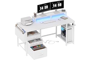 Lufeiya White Computer Desk with File Drawers Cabinet, 55 Inch Home Office Desk with Monitor Stand Shelves, Writing Study Gaming Desks with Led Lights and Power Outlets for Bedroom, White