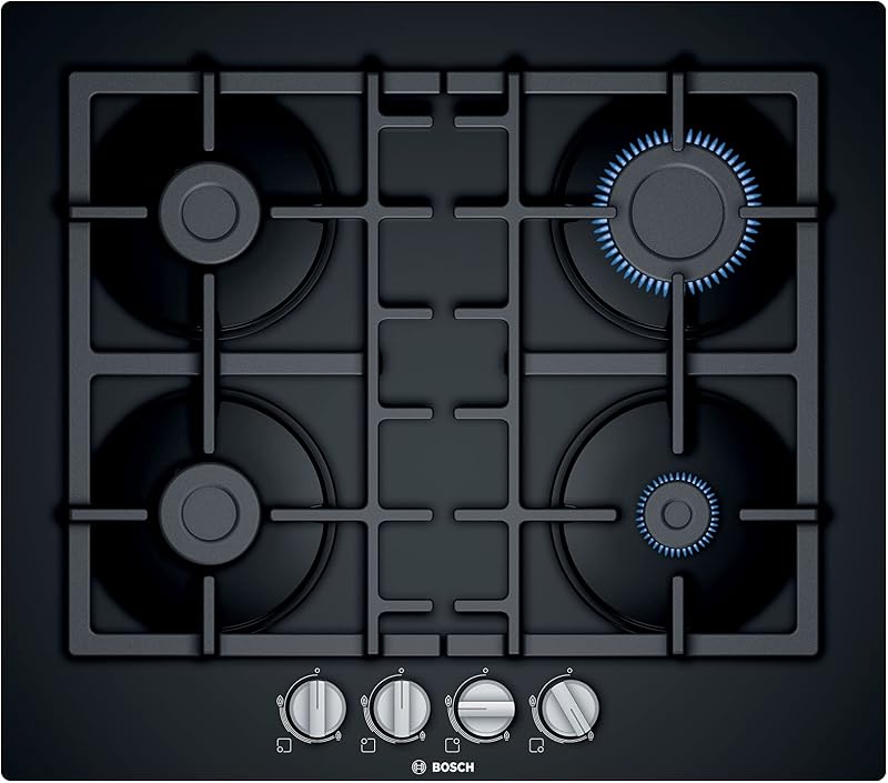 Bosch PNP6B6B90 Serie 4 Gas Hob 60cm Black Glass 4 Burners Cast Iron