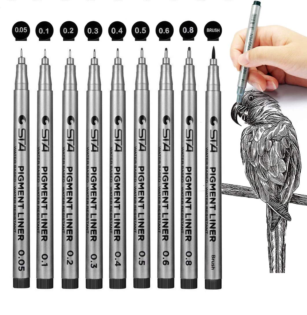 Surcotto Black Fineliner Pens - Set of 9 Fine Liners, Pigment Liner, Waterproof Micro-Pens for Bullet Journal, Technical Drawing, Office Documents, Illustration, Manga