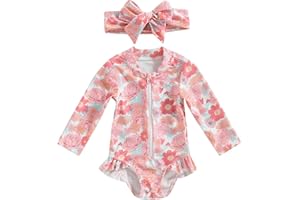 HNYENMCKO Infant Toddler Baby Girl One-Piece Swimsuit Floral/Flamingo Print Zipper Long Sleeve Ruffled Swimwear Bathing Suit