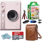 Fujifilm Instant Mini EVO Hybrid Camera Bundle with 20 Instant Film Sheets + 32GB Memory Card + Carrying Case + Flex Tripod + BluebirdSales Cleaning Cloth (Gentle Pink)