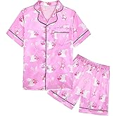 Nidoul Girls Pajamas Satin Short Sleeve Button Down Silky Pjs Girls' Sleepwear Set for Toddler Kids 3T-10Y