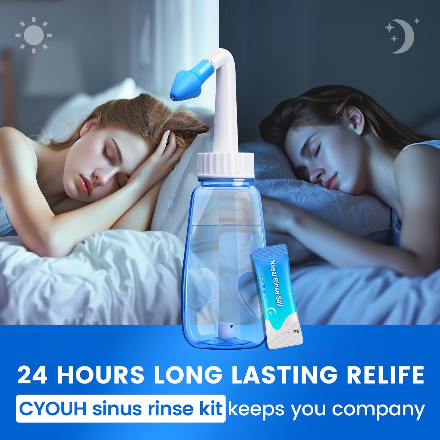 CYOUH Neti Pot Sinus Rinse Bottle 260 ML with 60 Nasal Wash Salt Packets and Sticker Thermometer Nose Wash Cleaner Pressure Rinse Nasal Irrigation for Adult & Kid BPA Free (Blue)