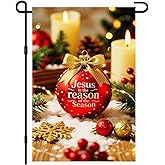 IVN Christmas Garden Flag 12x18 Inch Double Sided Jesus Is the Reason for the Season with Candles Red Ornaments and Holly Outdoor Yard Flag for Outside Home Front Door Lawn Porch Patio Welcome Decor