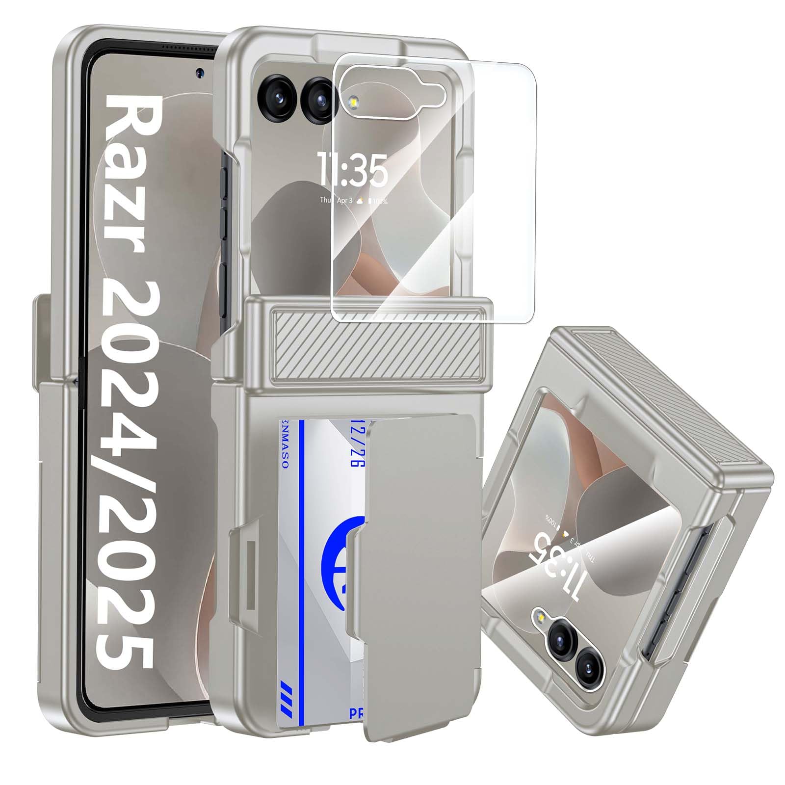 Photo 1 of CENMASO for Motorola Razr 2025 Case/Razr 2024 Case with Card Holder [RFID Blocking] & Hinge Protection & Screen Protector, Rugged Anti-Scratch Shockproof Phone Case for Razr 2025/2024-Natural Titanium