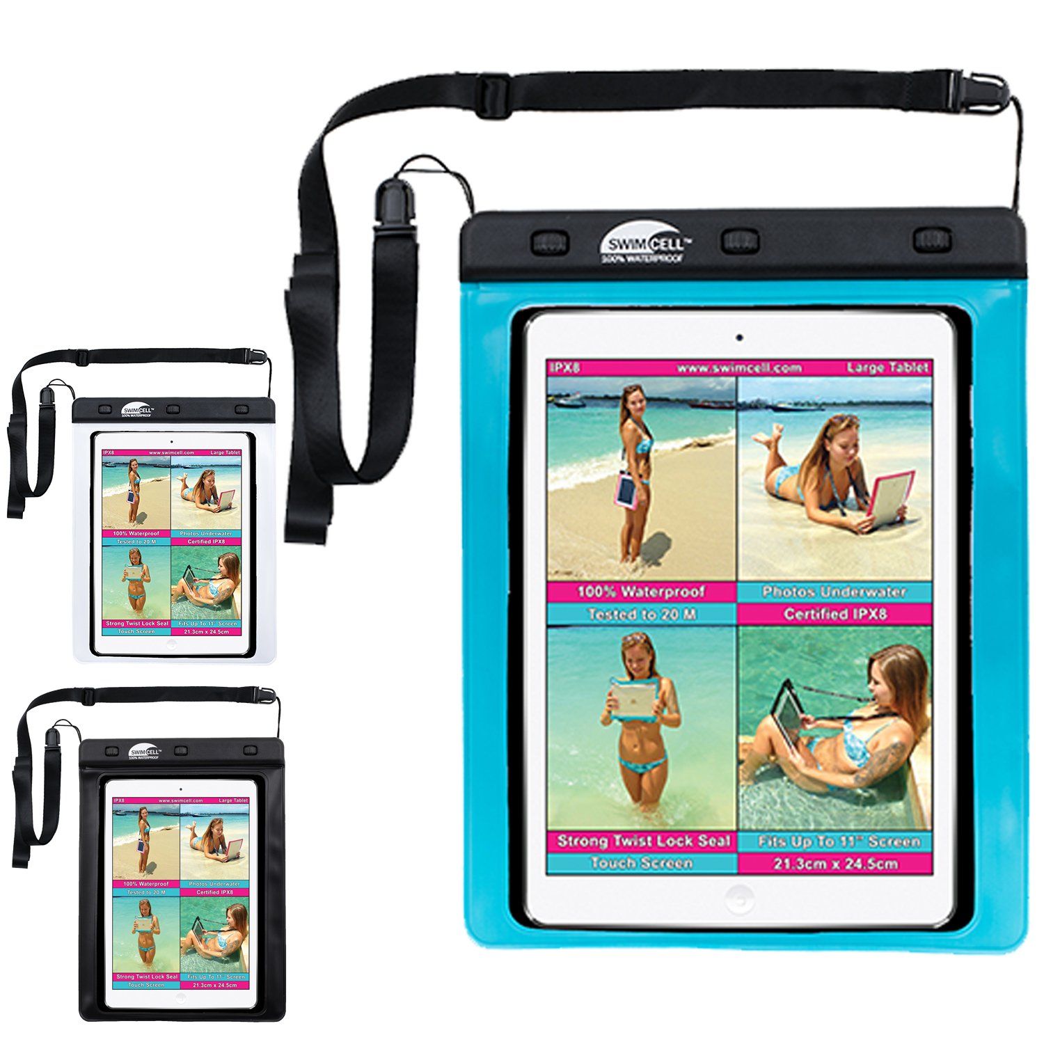 SwimCell Waterproof Tablet Case - Certified IPX8 Protection - Fits iPad Pro 9.7, Air, Air 2, iPad 5, 6, Tab 10 Lite, Samsung Galaxy Tab S2 - Adjustable Lanyard - Blue, Fits 21 x 24.5cm