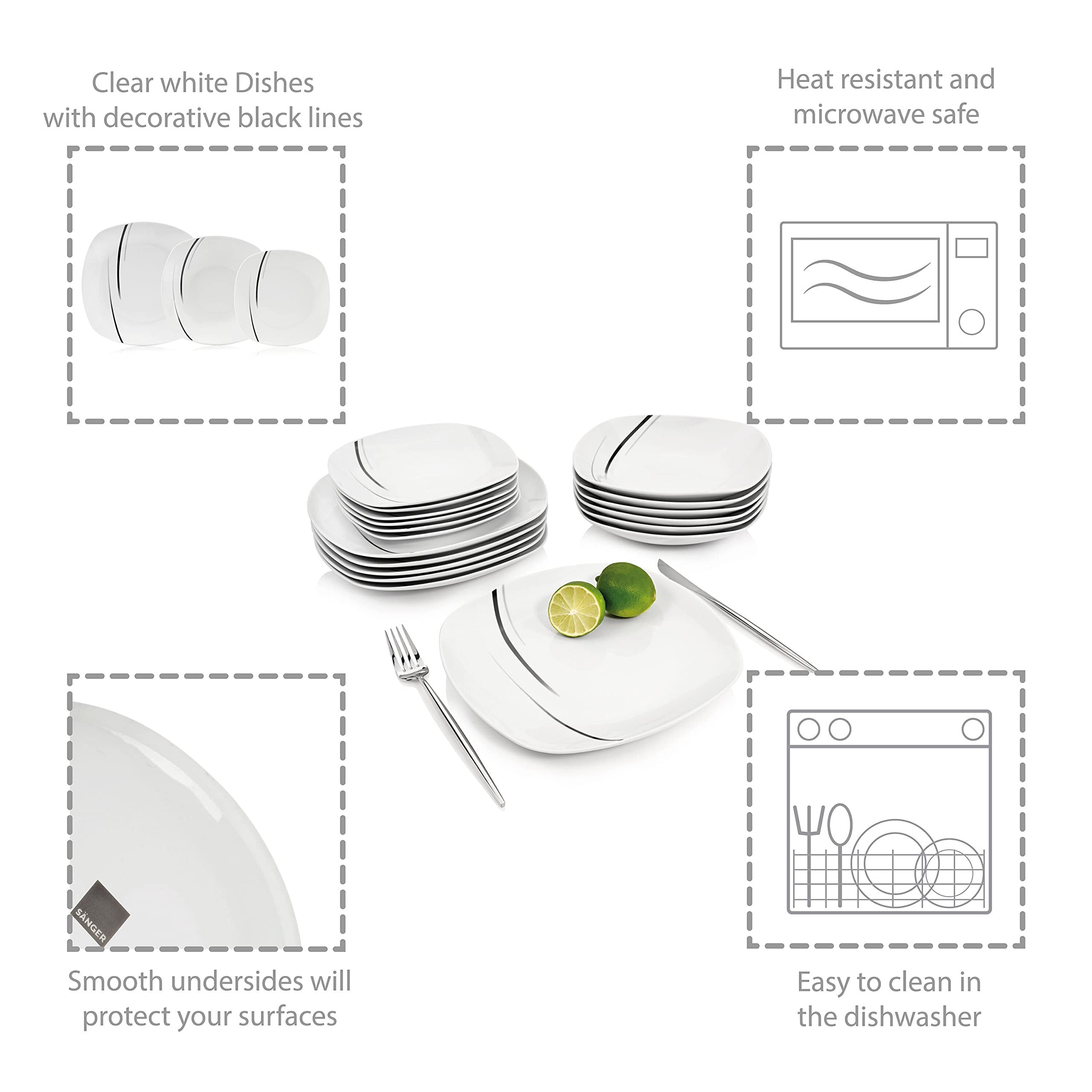 SÄNGER | Tafelservice Bilgola Black Lines aus Porzellan, 18-teiliges Geschirrset für 6 Personen, Teller Set, Eckig | PREMIUM COLLECTION 3