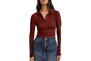 Tankaneo Womens Long Sleeve Polo Shirts V Neck Collared Work Shirt Slim Fit Ribbed Knit Basic Going Out Fall Tops