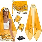 4 Pcs Belly Dance Outfit Sets Belly Dance Chiffon Hip Scarf, Head Scarf with Gold Coins 2 Coin Wrist Bracelet 50 Bobby Pins