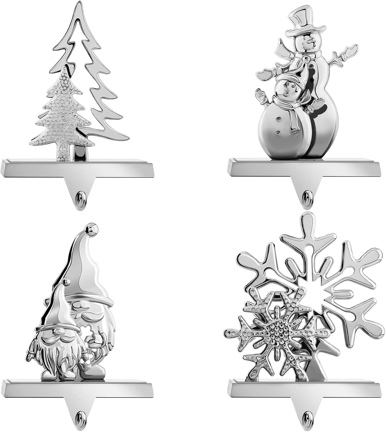 Ornament Hooks - MCEAST 4 Pieces Christmas Stocking Holder Xmas Stocking Hangers with Snowman Christmas Tree Snowflake Swedish Gnome Metal Stocking Hooks for Christmas Decoration, Silver
