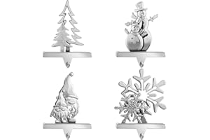 MCEAST 4 Pieces Christmas Stocking Holder Xmas Stocking Hangers with Snowman Christmas Tree Snowflake Swedish Gnome Metal Stocking Hooks for Christmas Decoration, Silver