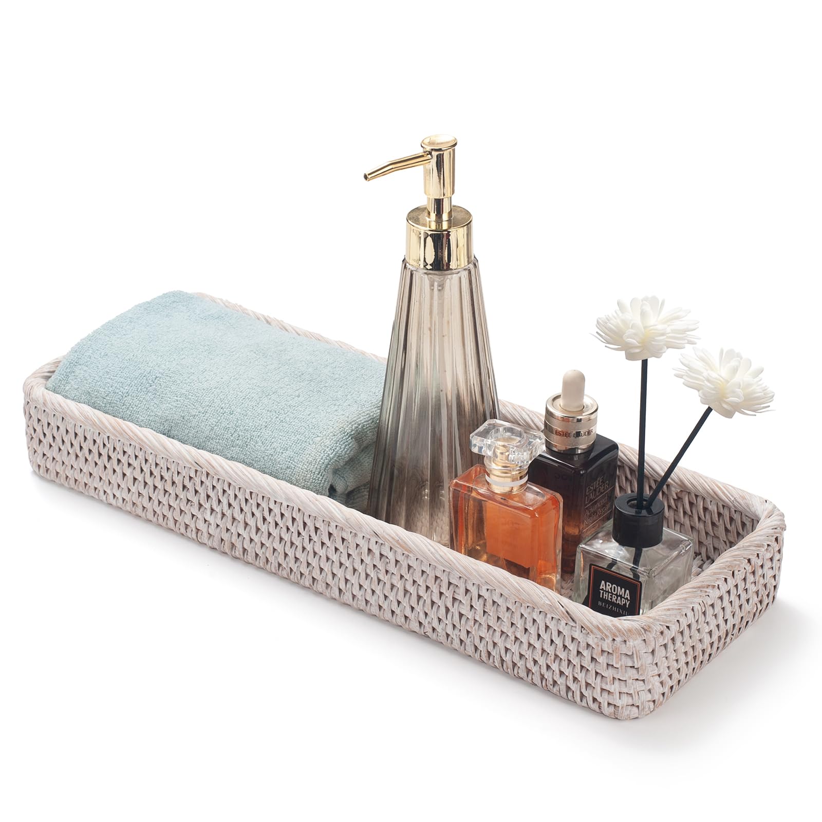 Rattan Bathroom Vanity Trays Toilet Tank Baskets Long Narrow Hand Towel Storage Basket for Storage, Decorative (Whitewash 16.3 x 6.1 x 2 inch)