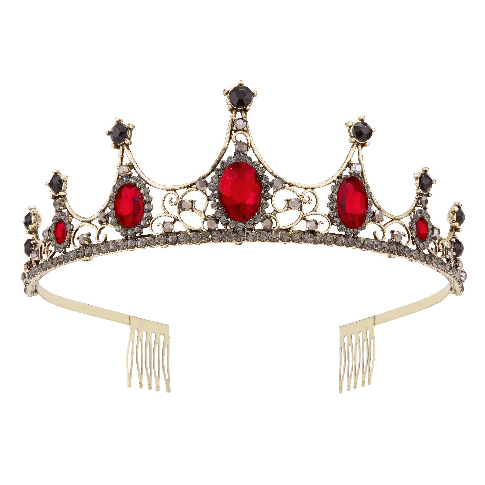 Vofler Gold Black Tiara Crown with Ruby - Baroque Vintage Crystal Red Rhinestone Headband for Women Queen Lady Bride Princess Birthday Wedding Prom Pageant Halloween Costume Party with Comb