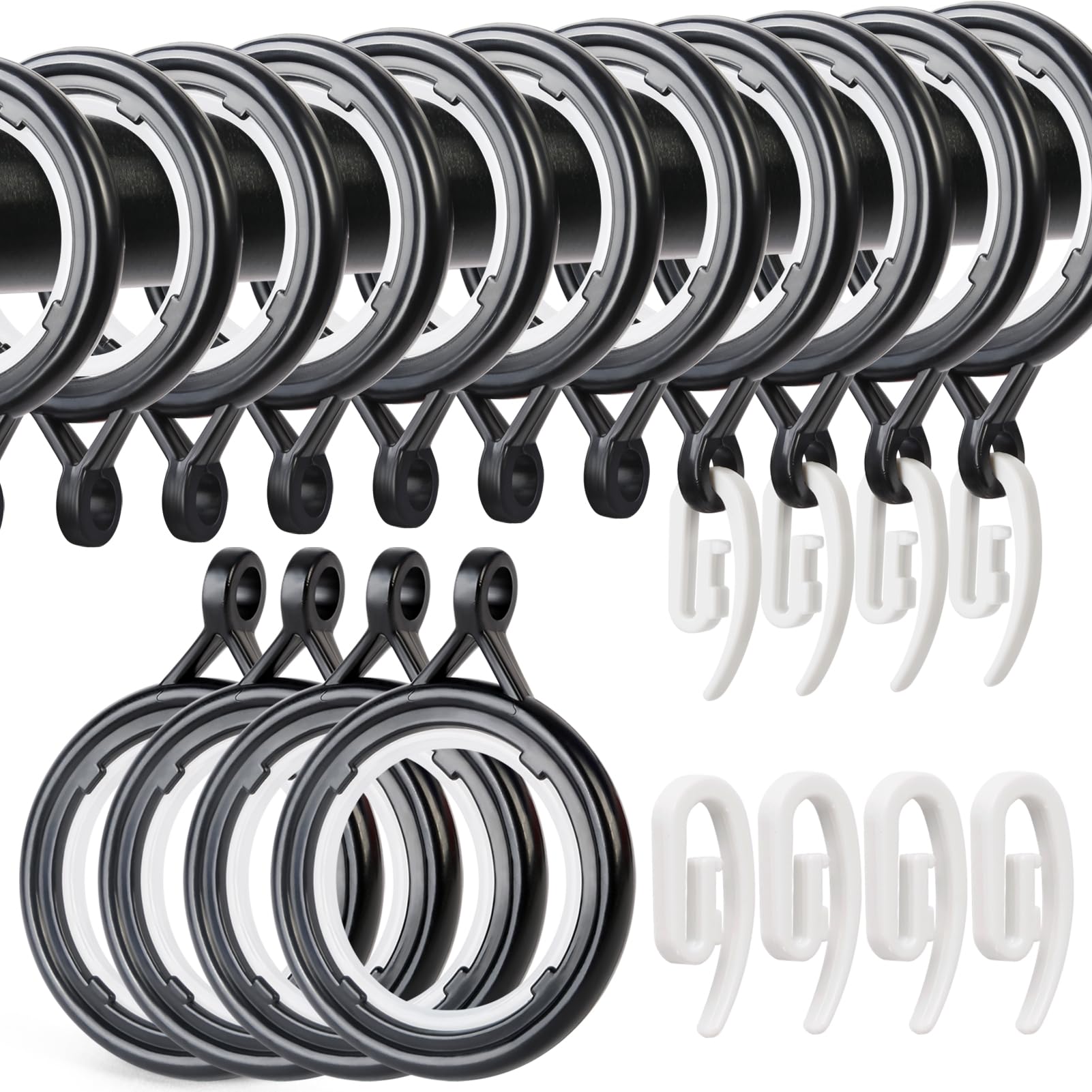 WCIC 32 Pack Curtain Rings and Hooks - Black 30mm Plastic Hanging Rings for Curtains