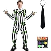 KATOLK Men's Black, White & Green Striped Halloween Costume, Adult Cosplay Suit with Necktie and Face Paint for Horror Themed
