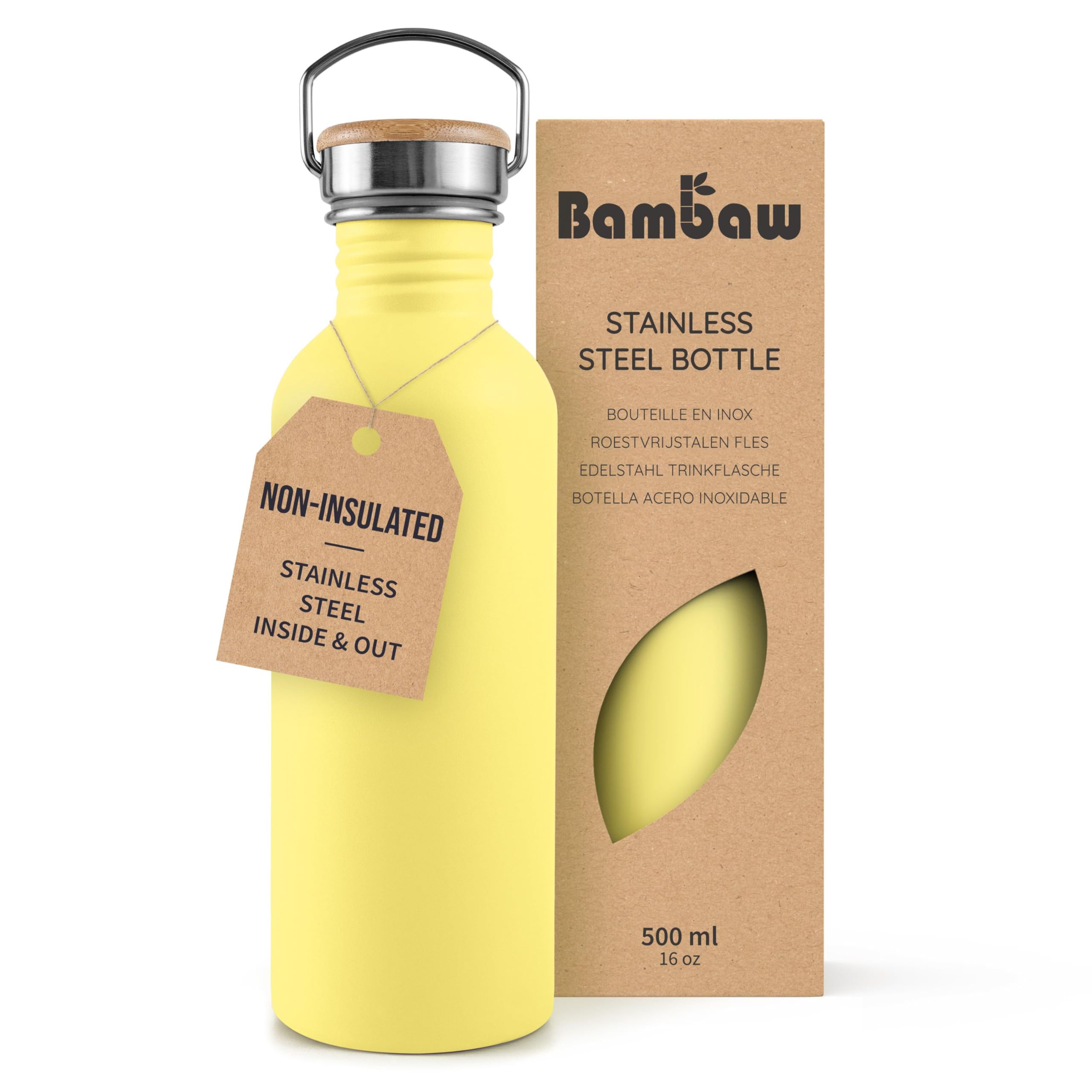 Bambaw 500ml Stainless Steel Water Bottle, Yellow Beam, Leak Proof, Reusable