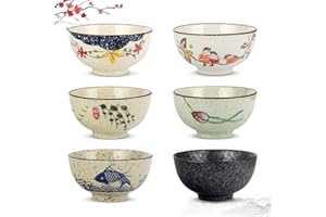 clothmile 4.5 Inch Japanese Retro Rice Bowls Set of 6 Japanese Style Hand-Painted Floral Plum Ceramic Bowls for Cereal, Soup,