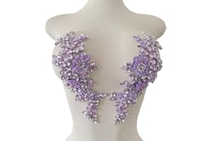 XZG.beatal Handmade Shining Rhinestones lace Applique Patches Sewing Beads Sequins Stone Trim Accessories for Wedding Dress 1 Pair/Bag 11X4.3inches (Light Purple)