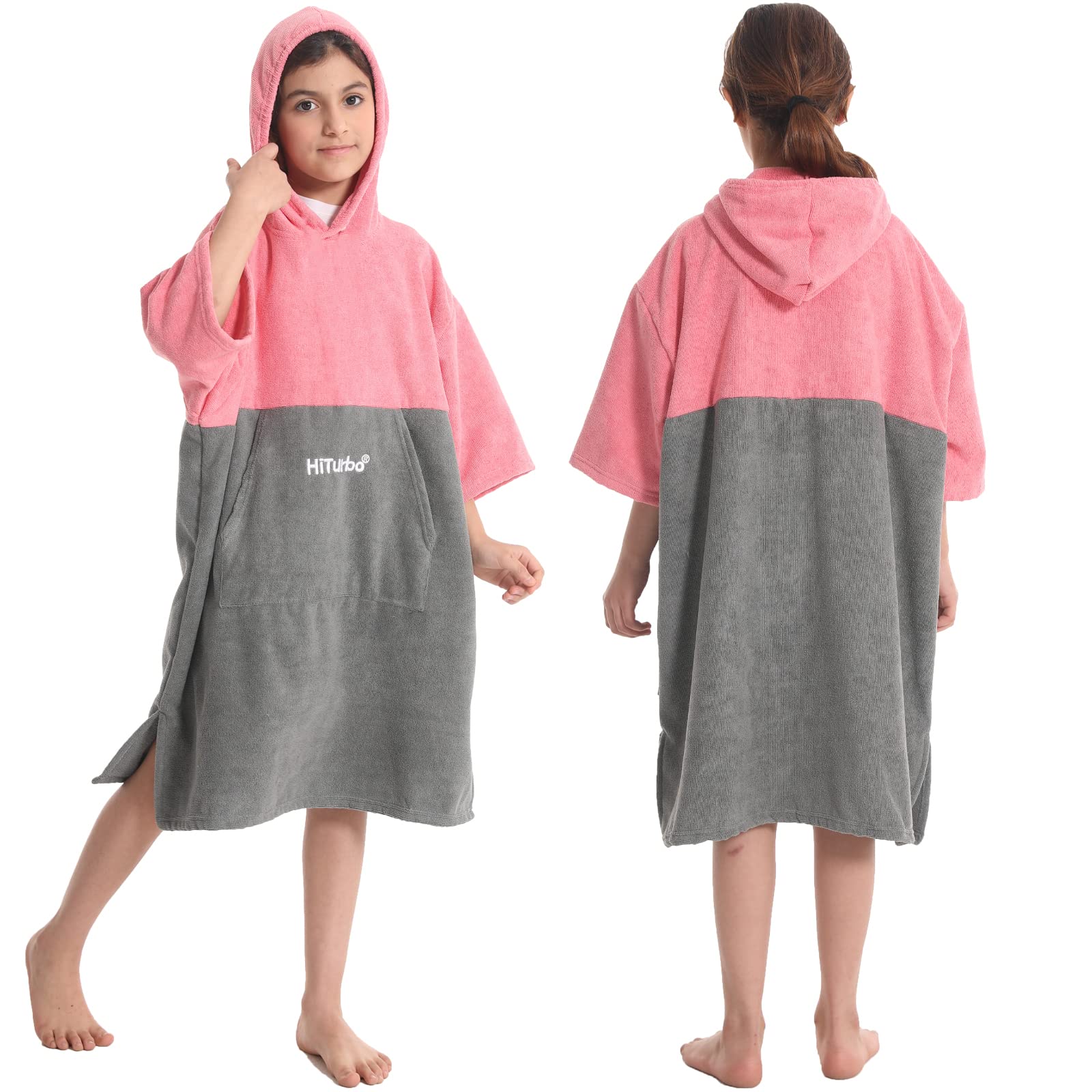 Hiturbo Kids Changing Towel Robe,Hooded Absorbent Surf Poncho Swimming Bathrobe for Beach,Bathing,Surfing,Indoor & Outdoor Activities (Pink/Grey)
