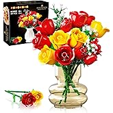 HOGOKIDS Flowers Bouquet Building Set with Lights - 16 Roses Bouquet Botanical Building Blocks Artificial Red Roses Flower for Home Decor Birthday Valentines Gifts for Adults Girl - 387PCS (Yellow)