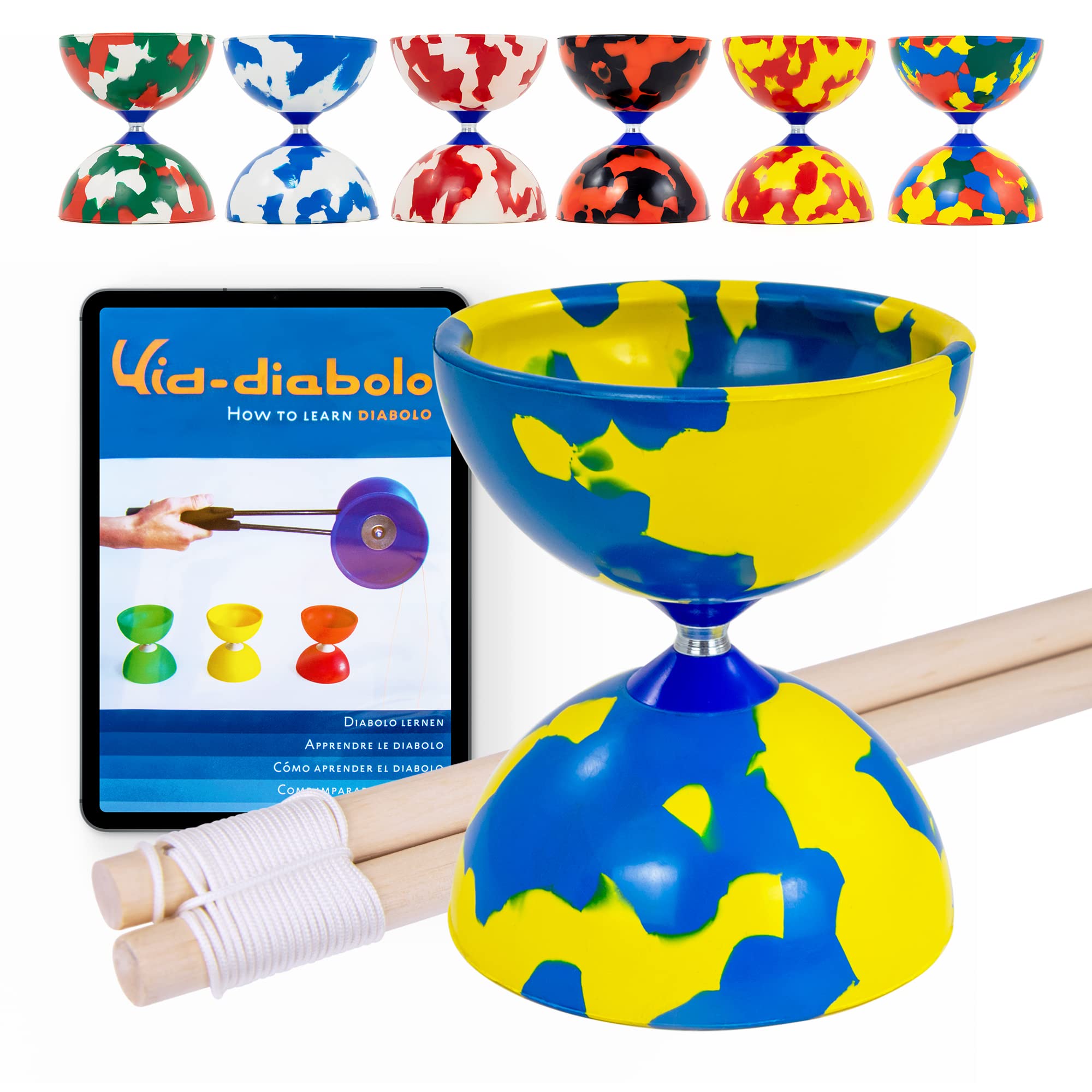 Juggle Dream Jester Diabolo Set - Fixed Axle Professional Diabolo with Wooden Handsticks and Online Learning Video - Juggling Toy (Blue/Yellow)