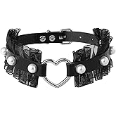 FM FM42 Multicolor PU Simulated Leather Pearl Rivets Heart Ring Lace Collar Choker Necklace