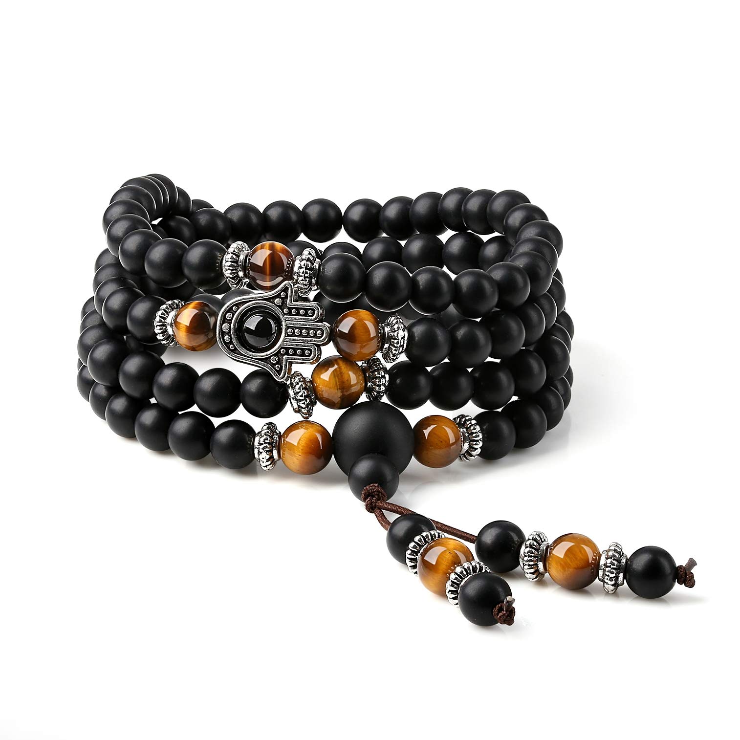 COAI 108 Mala Beads Matte Onyx Tiger Eye Stone Hamsa Hand Bracelet Necklace