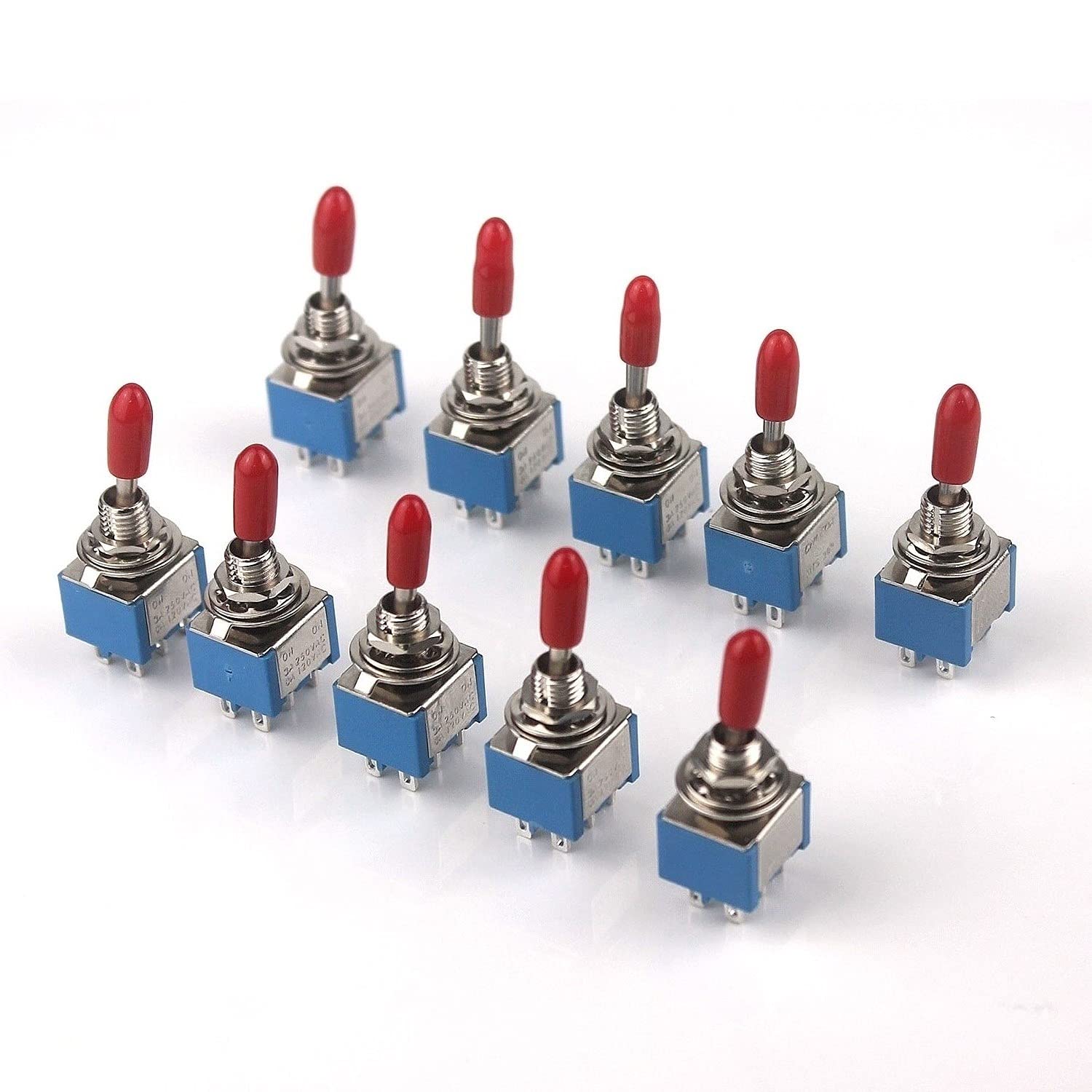 10Pcs DPDT Mini Toggle Switch ON-ON (250V/3A, 125V/6A) - 6 Pin Terminals, Red Cap ﻿