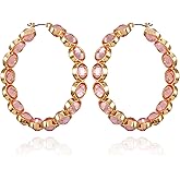 GUESS Goldtone Light Pink Crystal Glass Stone Hoop Earrings