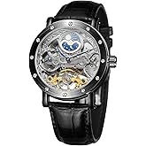 FORSINING Men Automatic Watches Tourbillon Skeleton Watch Moon Phase Wrist Watch (Moon Phase Silver Black)