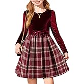 Arshiner Girls Dresses Long Sleeve Velvet Plaid Patchwork Holiday Party Dress with Pockets