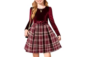 Arshiner Girls Dresses Long Sleeve Velvet Plaid Patchwork Holiday Party Dress with Pockets