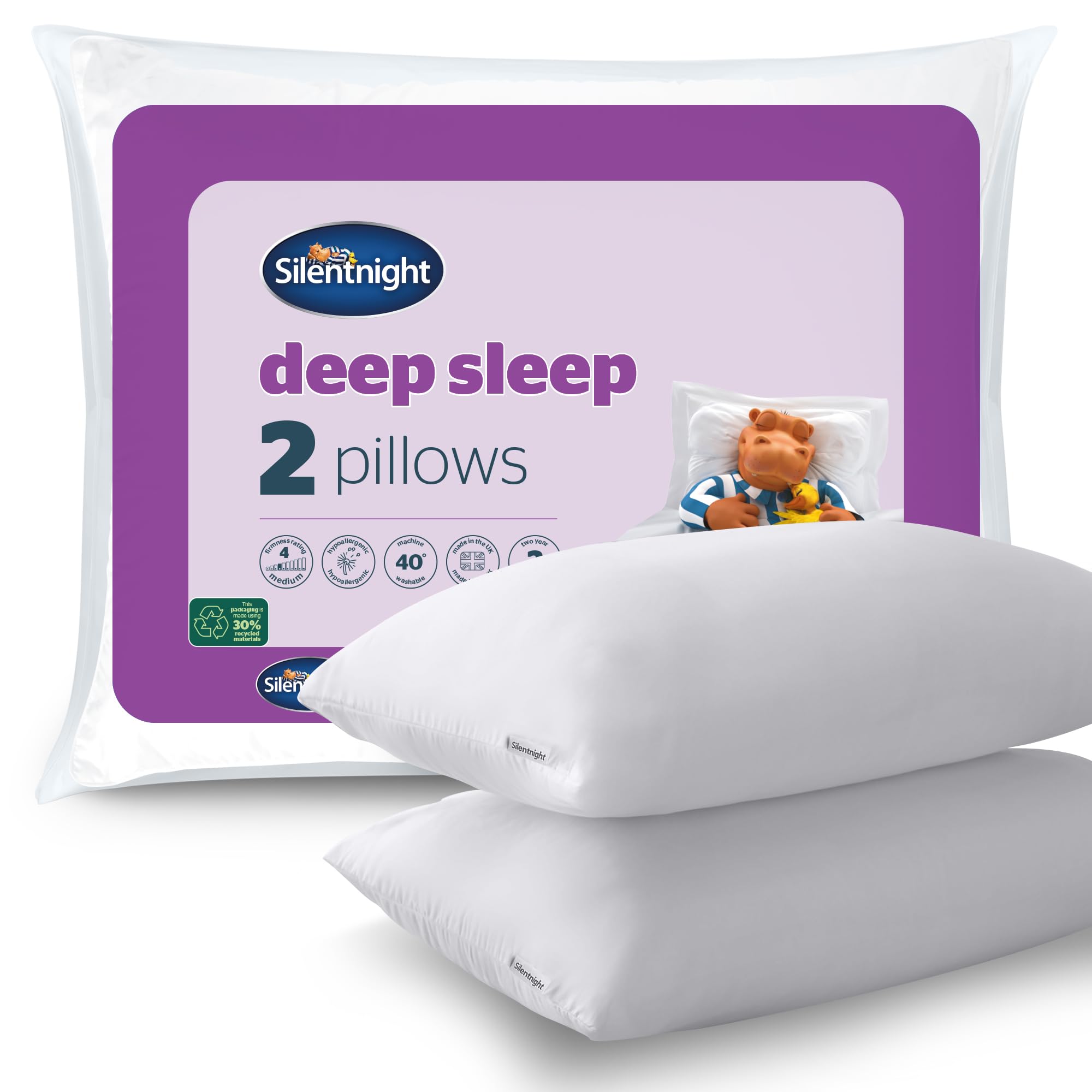 Silentnight Deep Sleep Pillow Pack of 2 - Soft Hotel Bed Pillows 2 Pack Pillow Pair - Machine Washable Hollowfibre Sleep Easy Pillows