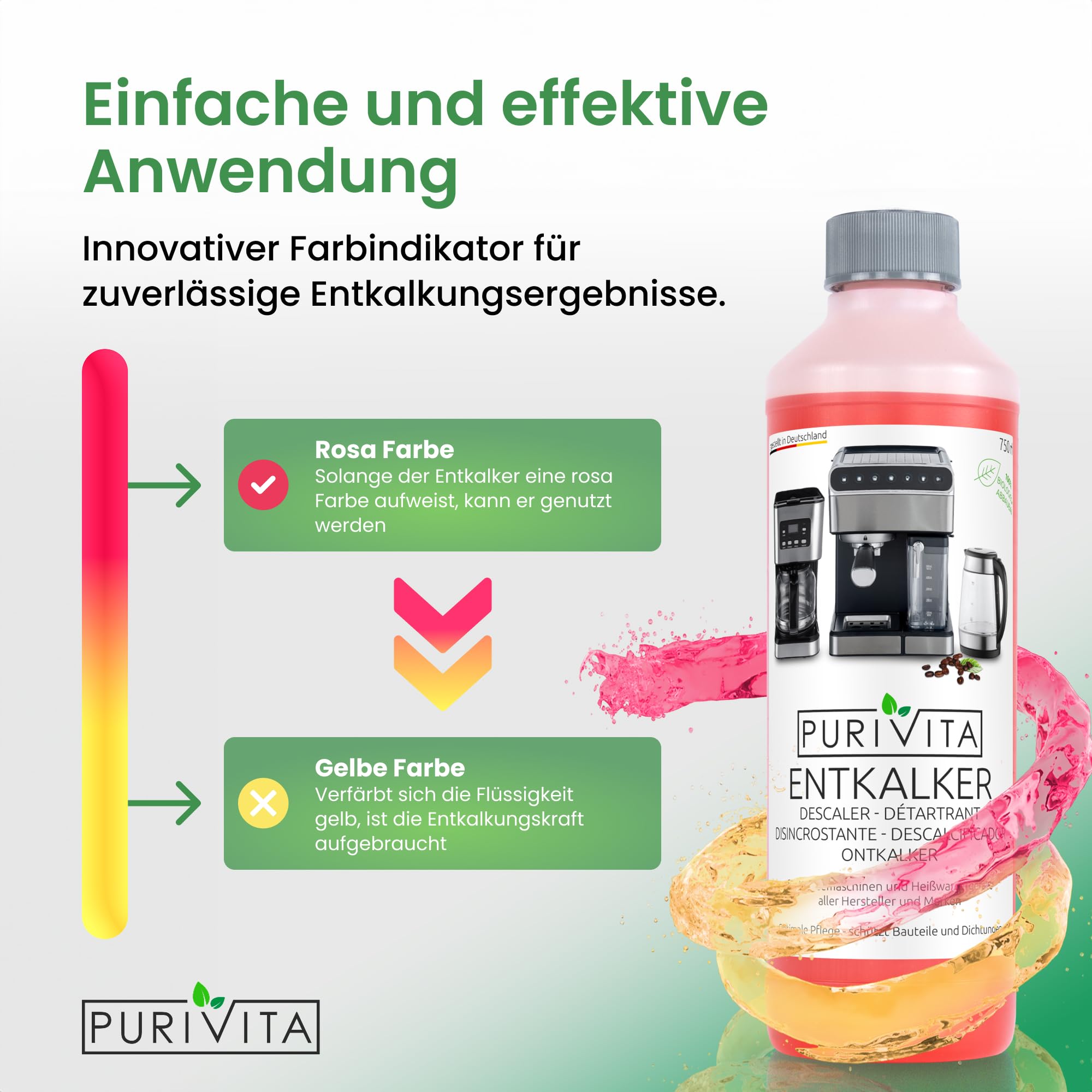 PURIVITA® Universal Entkalker Kaffeevollautomat [750ML] - Kaffeemaschinen Entkalker Flüssig - Flüssigentkalker Kaffeemaschine Reiniger - Kalkreiniger Kaffeevollautomaten - Für alle Kaffeeautomaten 6