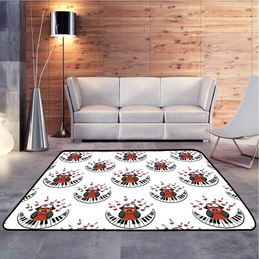 Shag Throw Rug Pianist Owl with Headphones and Playing A Moon Shaped Piano Clipart Silky Smooth Bedroom Mats Great for Playing with Cars and Toys, 3 x 5 Feet