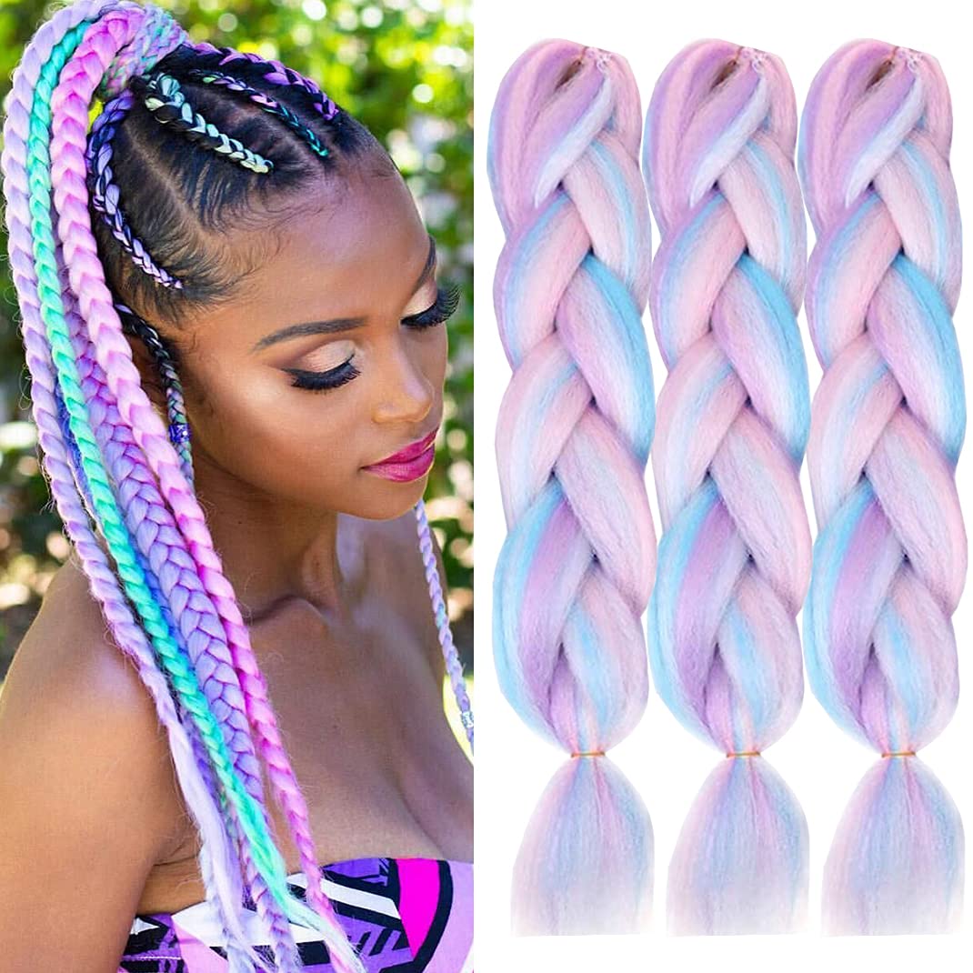 Colorfulpanda Hair Extensions for Braiding Mixed color,Yaki Synthetic Easy Jumbo Braids Pre-stretched African Box Braided hair 3pc/pack 24 inches,White/Pink/Light Blue/Light Purple
