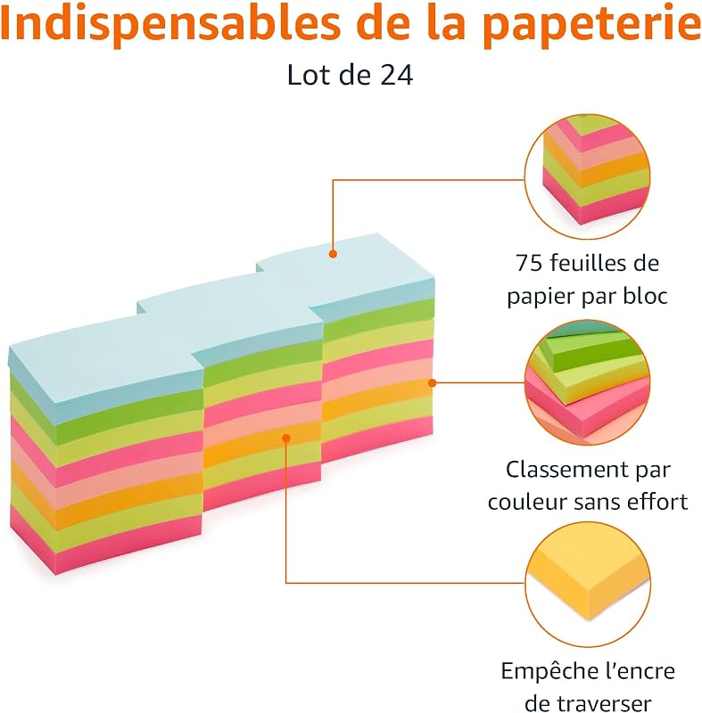 Mini Notes Autocollantes, 24 Blocs, Blocs de Notes Autocollantes, Couleurs Assorties, 3,5cm × 5cm