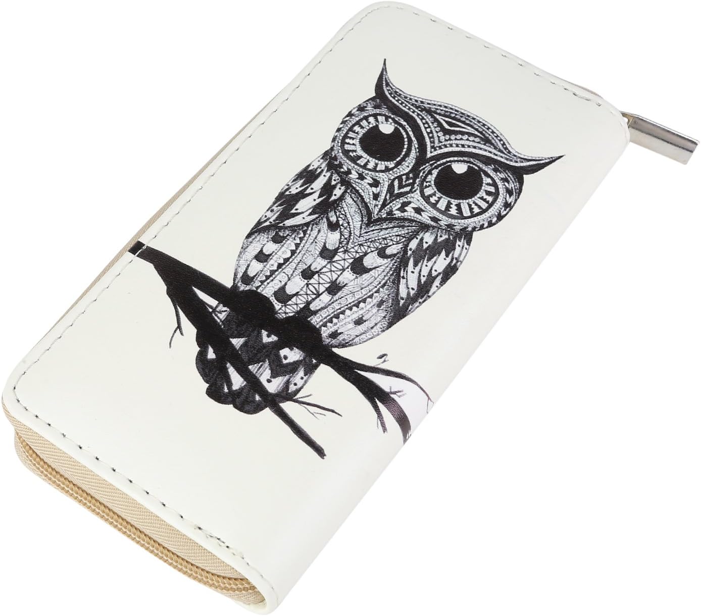 DonDon Women’s Purse Owl Drawing Beige Black, Owl 11