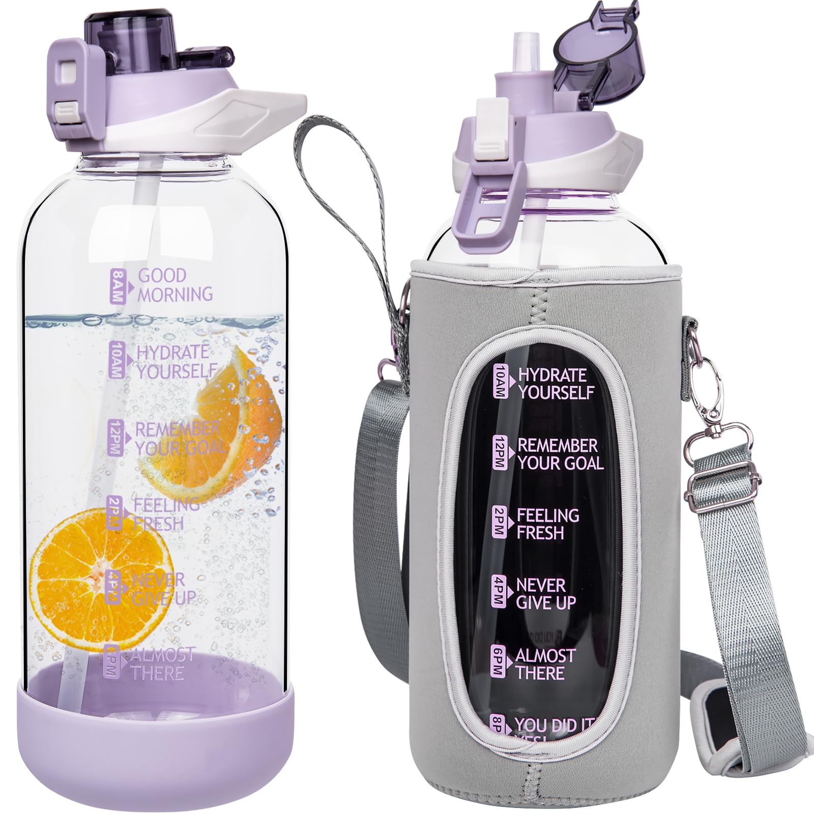 Seekua 2 litre Large Glass Water Bottle with Straw & Time Markings 2l Big Motivational Glass Drinking Bottle BPA free Leakproof