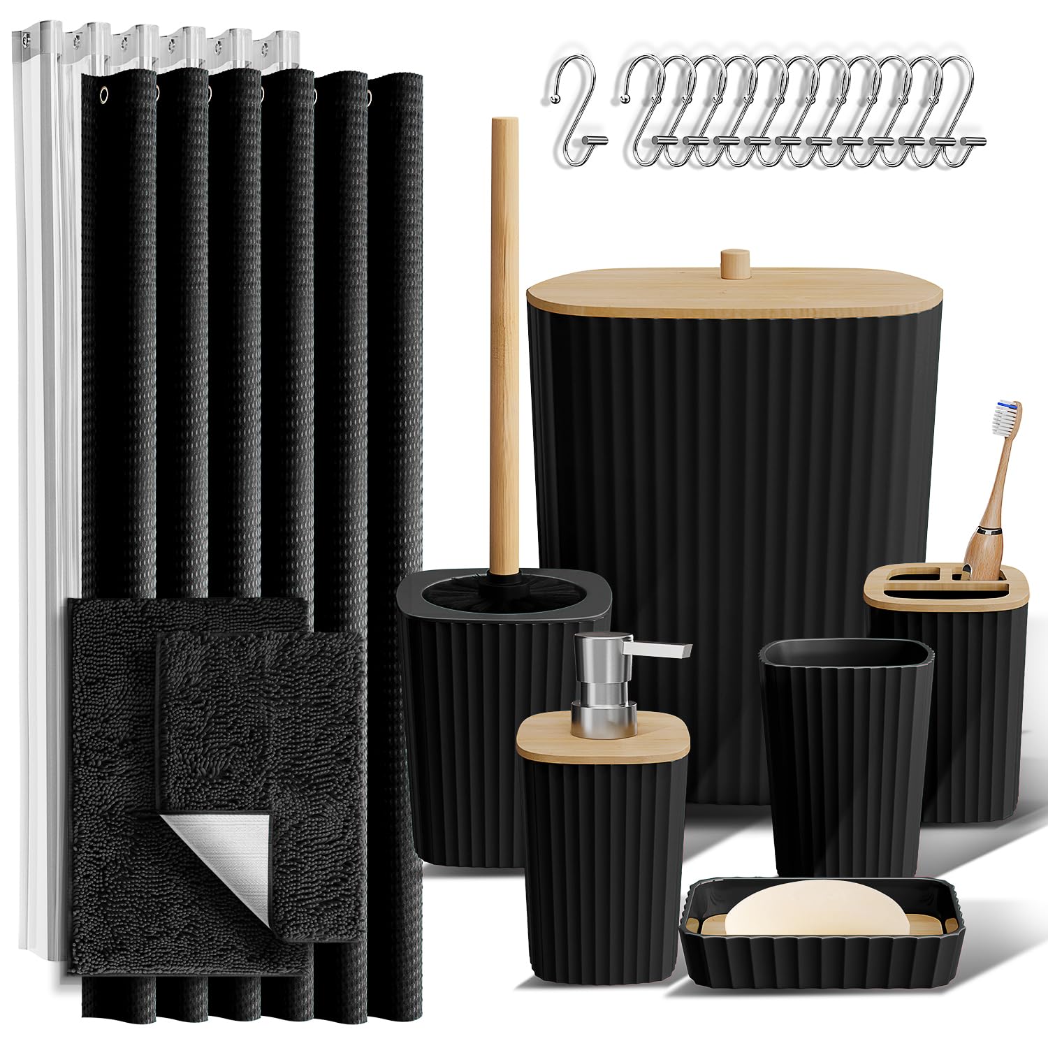 Photo 1 of ***MISSING PARTS**** Clara Clark Bathroom Accessories Set - Bathroom Set, Bathroom Sets with Shower Curtain and Rugs, Shower Curtain Set with Bathroom Trash Can - Black - 22PC