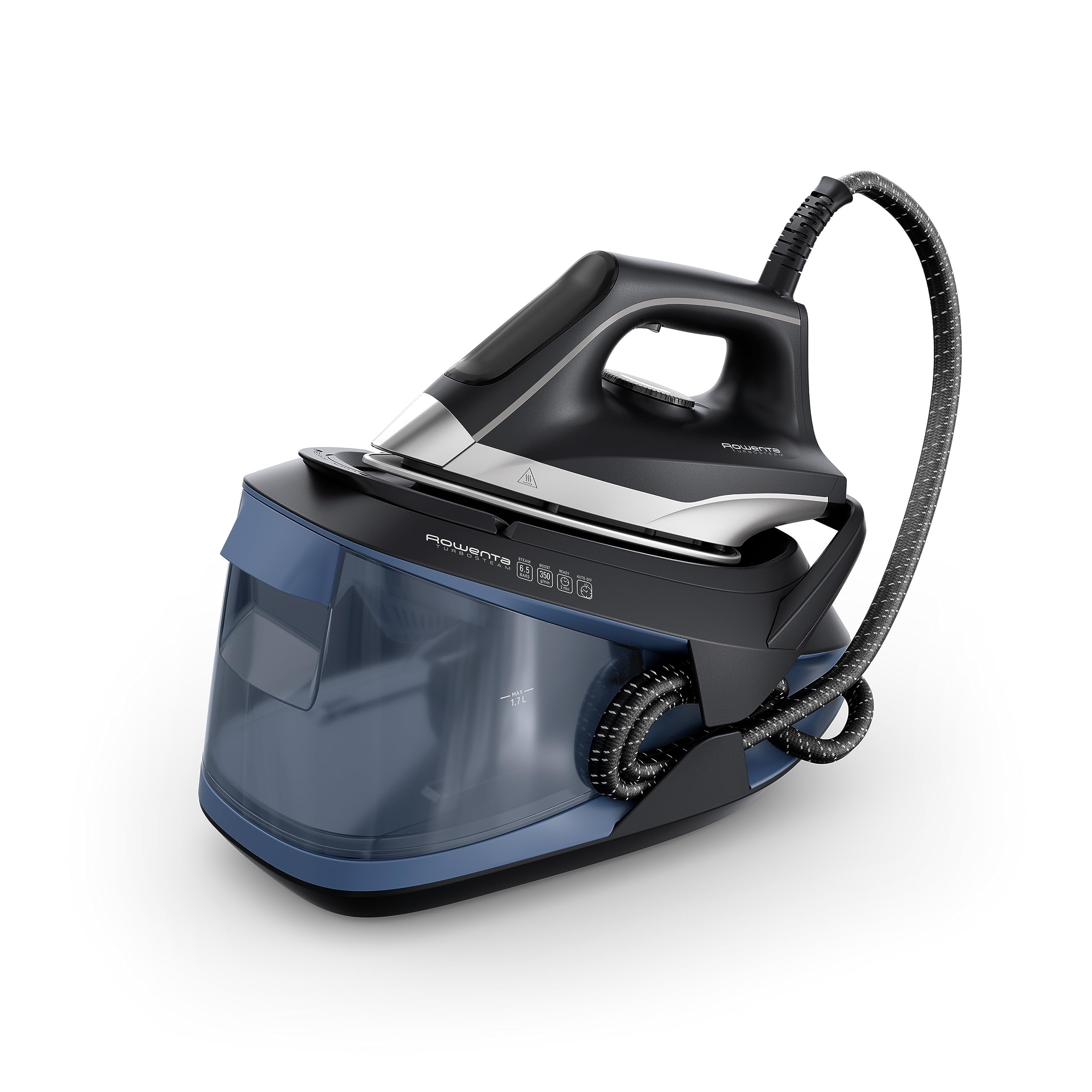 Rowenta VR8325 Turbosteam Dampfbügelstation, 2600 Watt, 120 g/Min. konstanter Dampf, 350 g/Min. extra Dampfstoß, schnellaufheizend, 1,7 L Wassertank, Antikalk-System, Eco-Modus, Schwarz/Blau