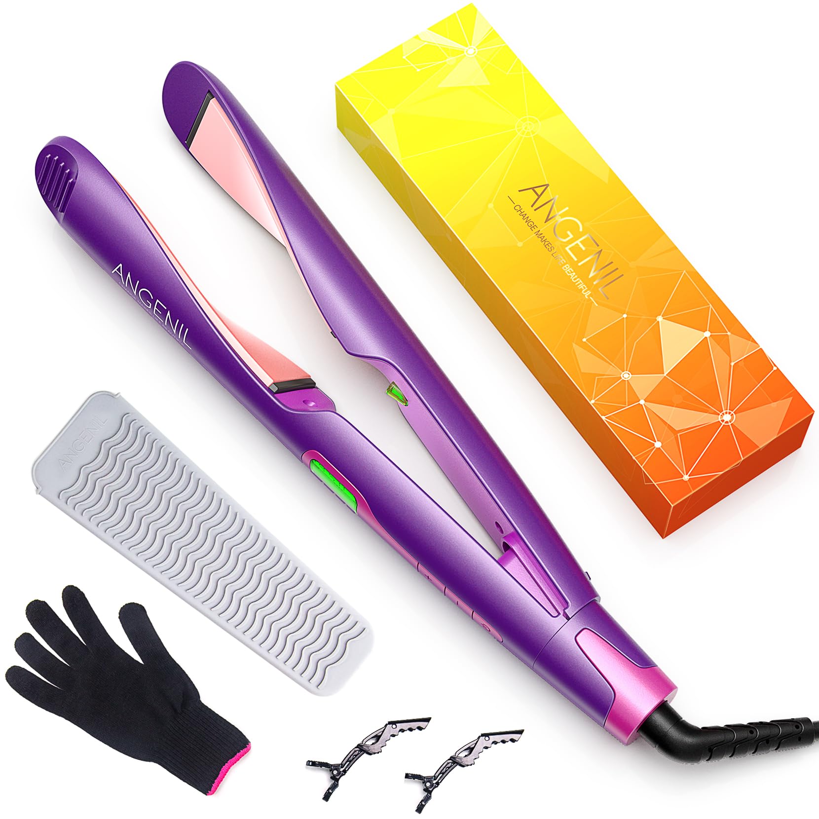 ANGENIL 2 in 1 Hair Straightener and Curler, Twist Straighteners for Straightening and Curling Irons, Dual Voltage Curling Iron for Wavy Curls, 30s Fast Heating, Digital LCD Display, Adj Temp 130-230℃
