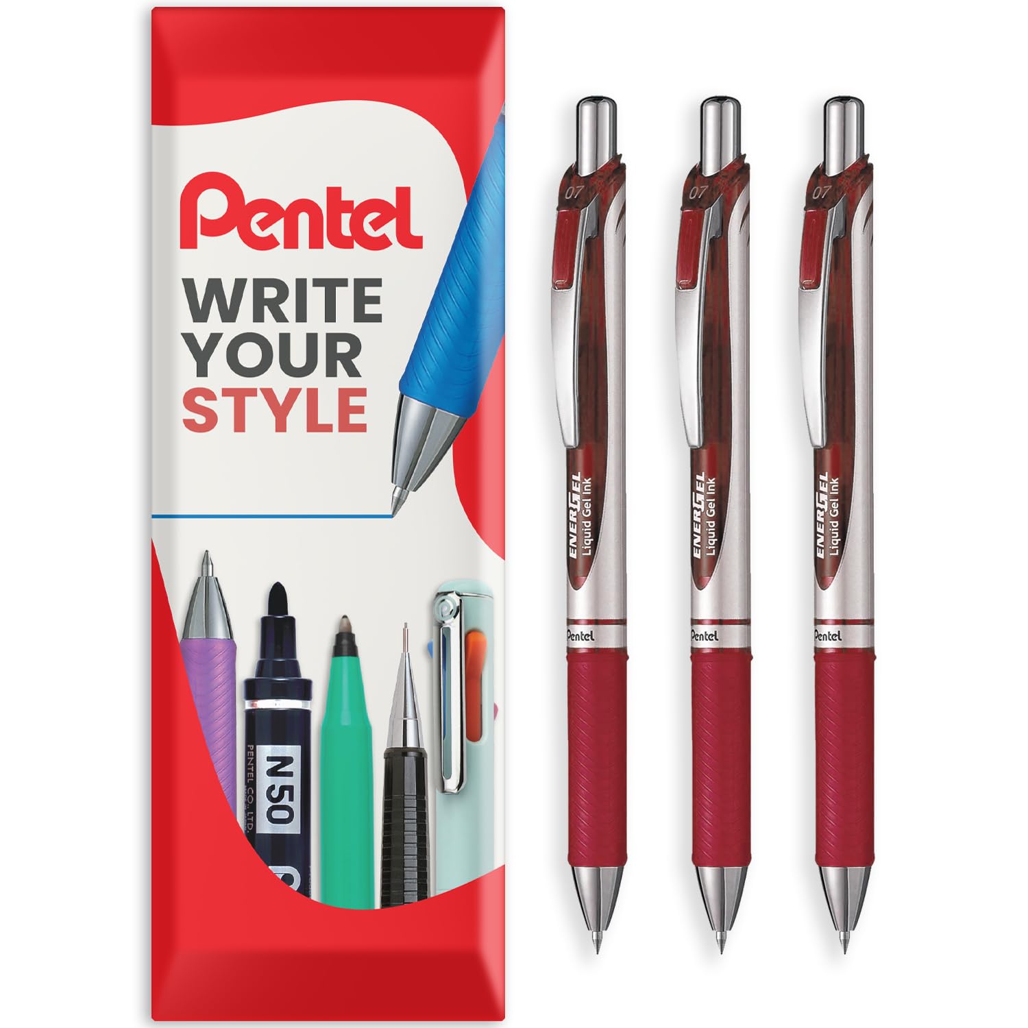 Pentel EnerGel XM BL77 - Retractable Liquid Gel Ink Pen - 0.7mm - 54% Recycled - Burgundy - Pack of 3 in Envelope Gift Packaging