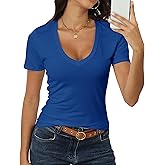 Roselux Women Short Sleeve Deep V Neck Tops Shirts Fitted Cotton Summer Tshirt Tee